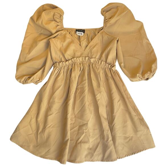 In the Style Women Mini Dress size M Beige Fit & Flared V-neck Puffy Half Sleeve - Picture 1 of 11